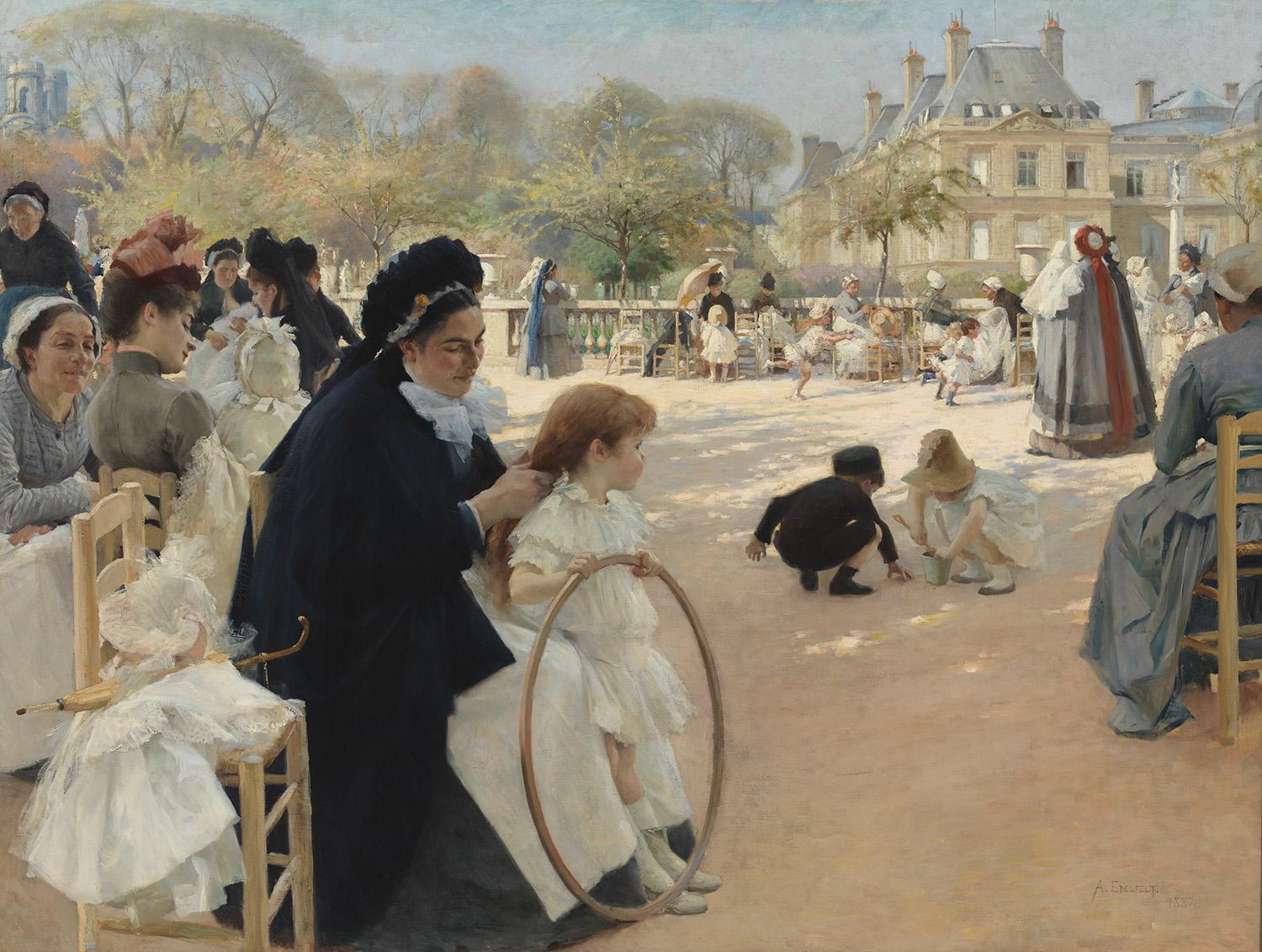 Peinture d'Albert Edelfelt représentant les jardins du Luxembourg, au premier plan se trouve une nourrice assise et des enfants qui jouent